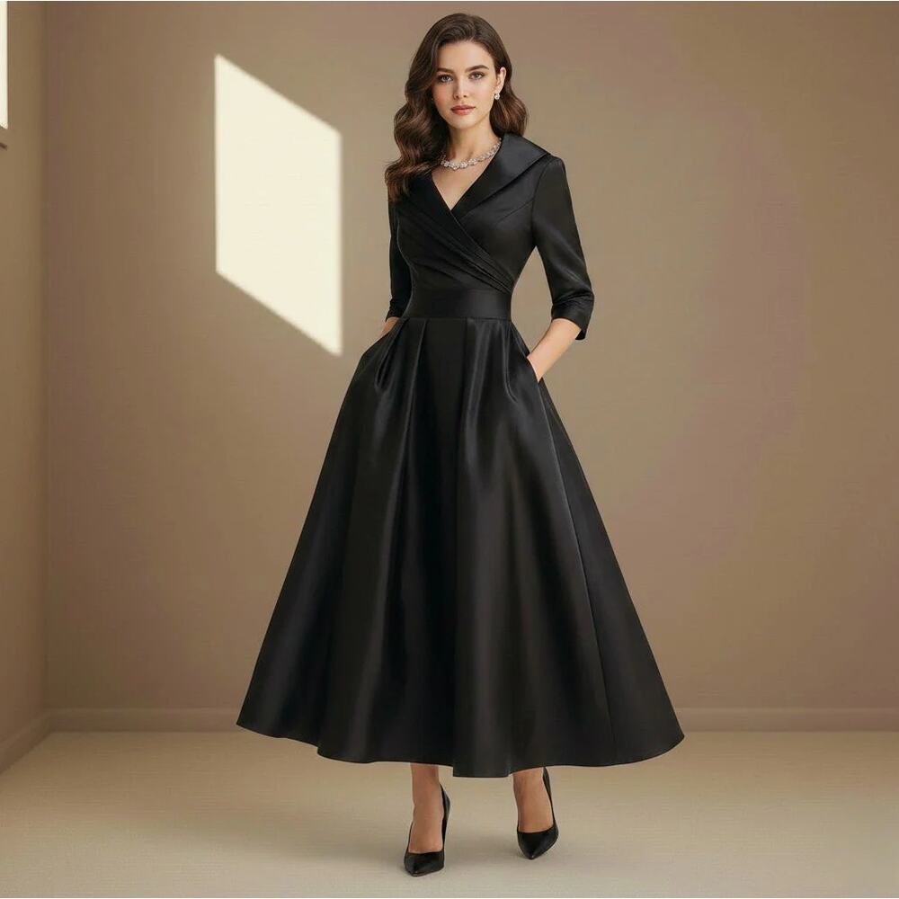 MOOYIUS Vintage Inspired Satin Midi Dress Drape Collar Black Sz S NWT $150 {J40}